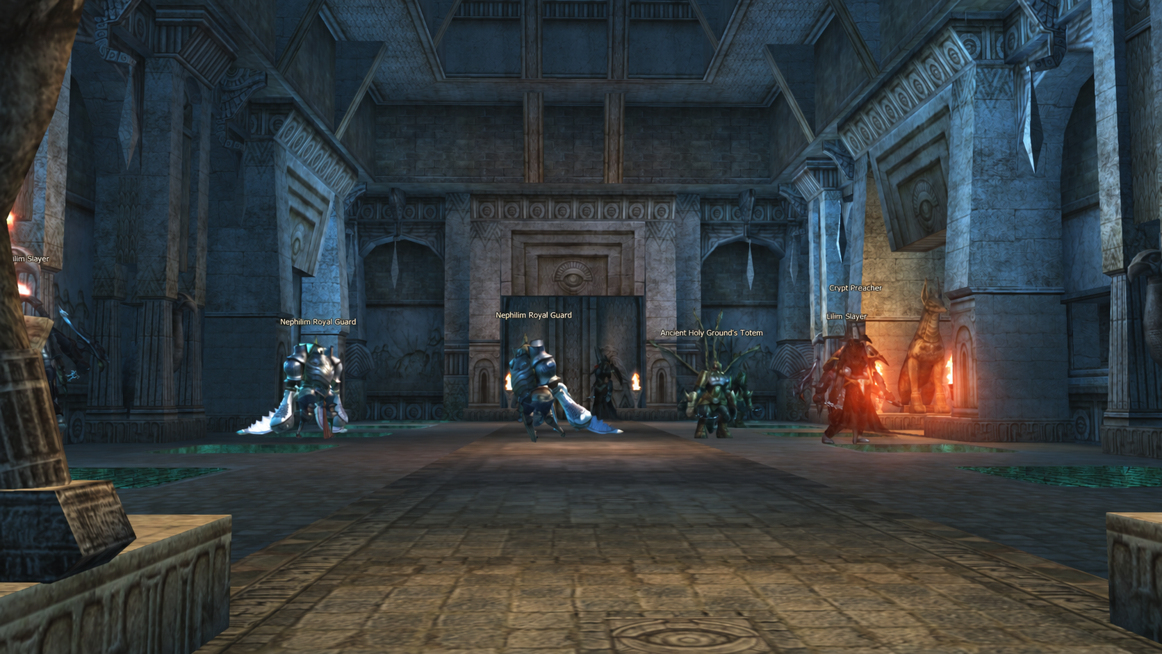 Interior de Catacombs of Dark Omen con criaturas frente a una puerta de piedra.